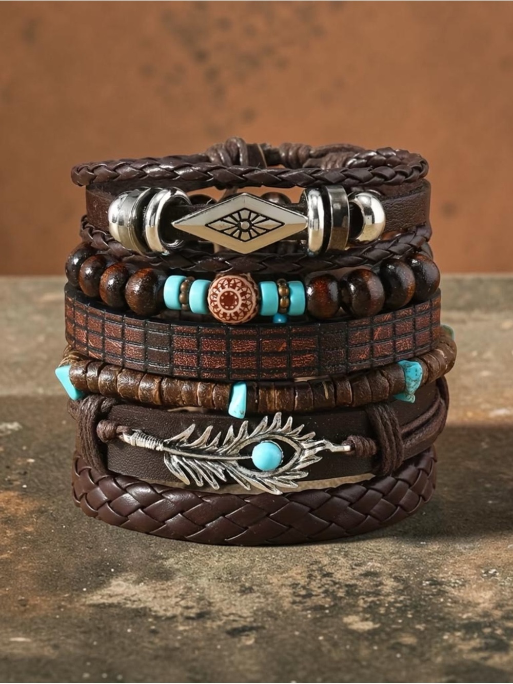 Brown and Turquoise 6 Layered Leather Bracelet Stack, NEW!